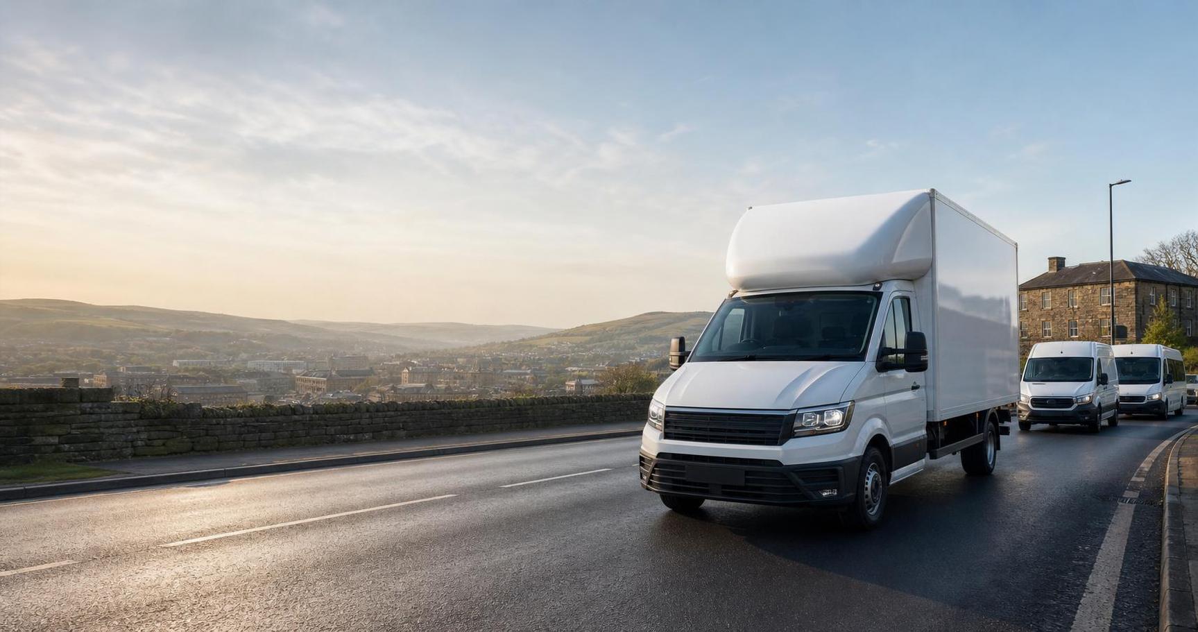 Clean fleet-led vehicle hire hero image with a Luton van on a Halifax area road