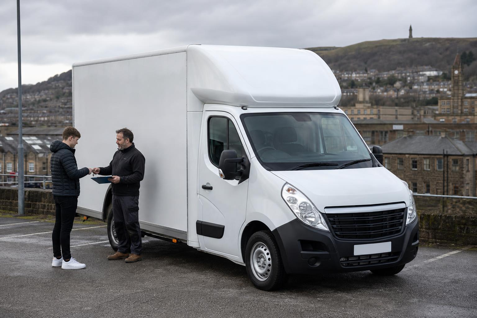 Luton box van handover scene in a practical Huddersfield roadside setting