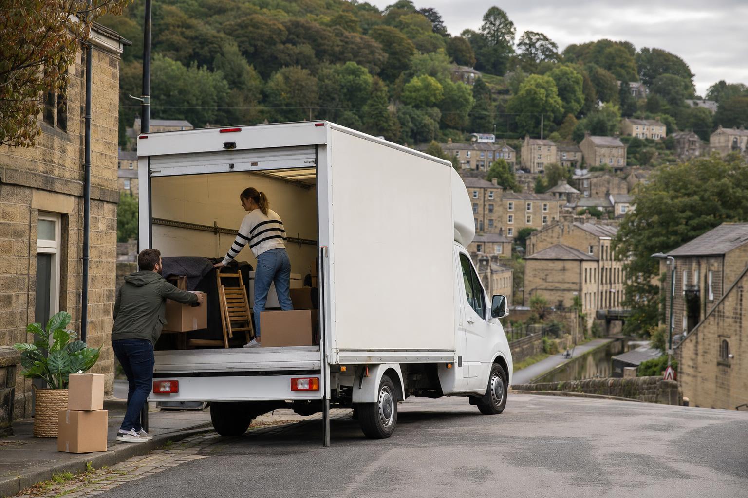 Luton van being loaded for a house move on a hillside street in Hebden Bridge