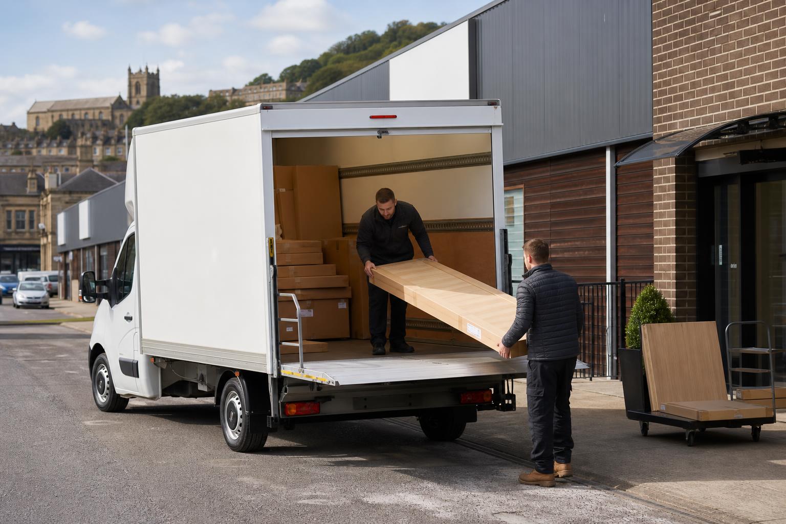 Luton hire van collecting boxed goods at a retail pickup point in Keighley