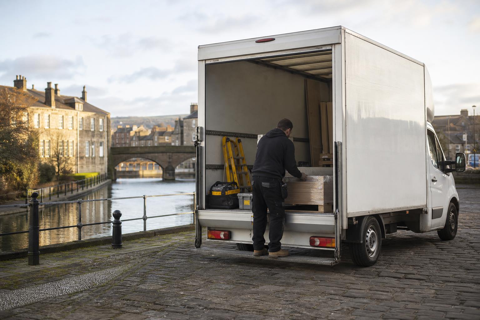 Tradesperson loading a white Luton van near a canal-side commercial area in Brighouse